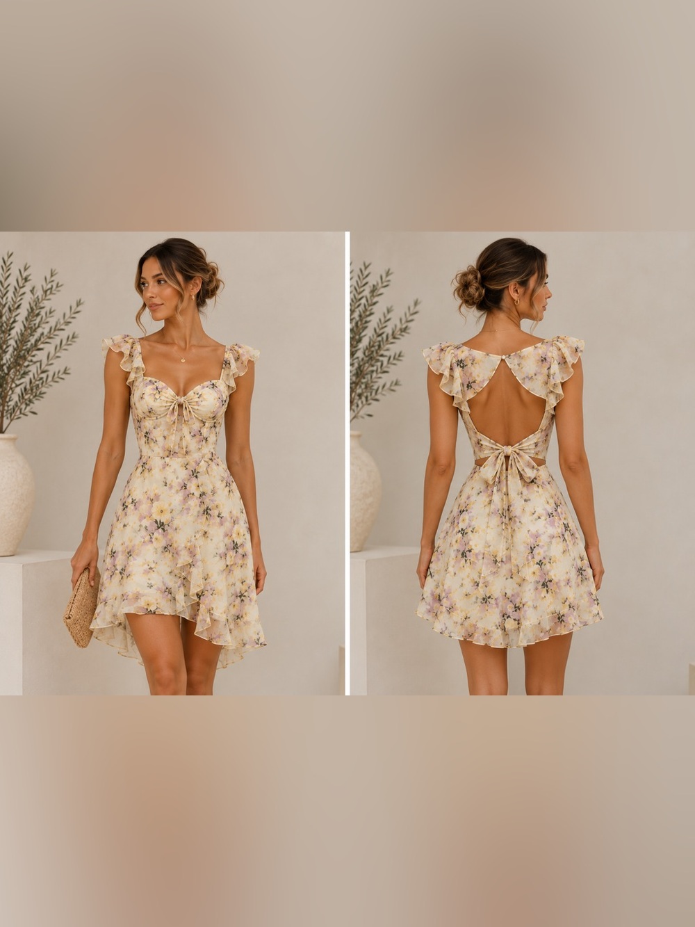 NWT 2Bella Sausalito Beautiful Floral Backless Mini Dress in Cream, Size S